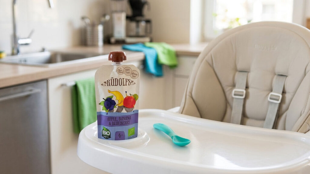 Dětská BIO kapsička s jablkem, banánem a borůvkami na jídelní židličce se lžičkou