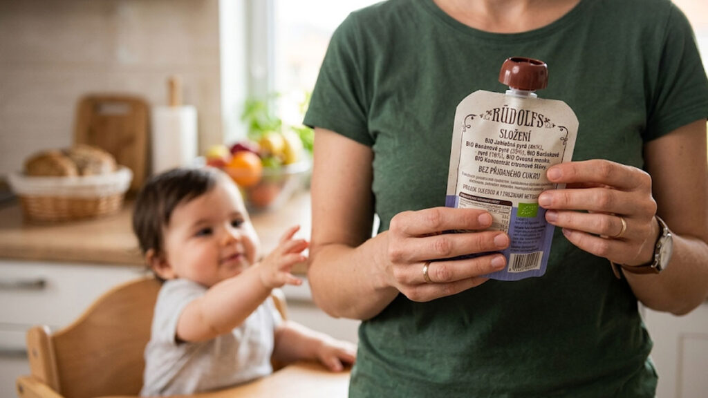 Maminka drží dětskou BIO kapsičku a kontroluje složení, dítě v jídelní židličce sahá po jídle