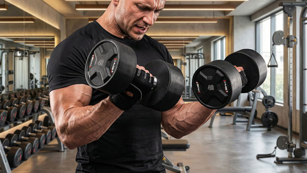 2. Muž zvedá těžké jednoruční činky při bicepsovém zdvihu v posilovně